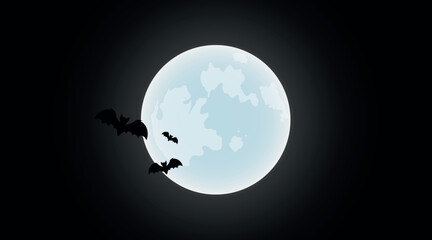 Happy Halloween Spooky Nighttime Scene with full silver moon and bats horizontal black background.