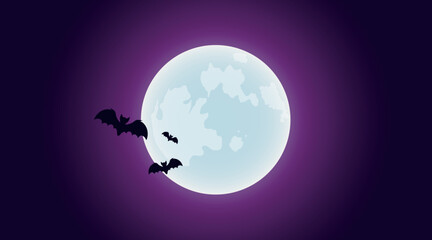 Happy Halloween Spooky Nighttime Scene with full silver moon and bats horizontal deep purple background.