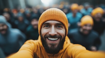 A happy man taking a selfie, wearing a bright yellow beanie, outdoors with a blurred crowd in the background, showcasing a lively and joyful atmosphere.