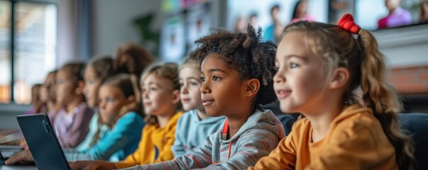 A diverse group of students participating in a virtual classroom setting, using modern technology.