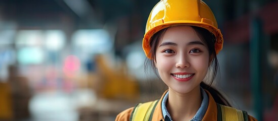 Smiling Female Construction Worker in Yellow Hardhat