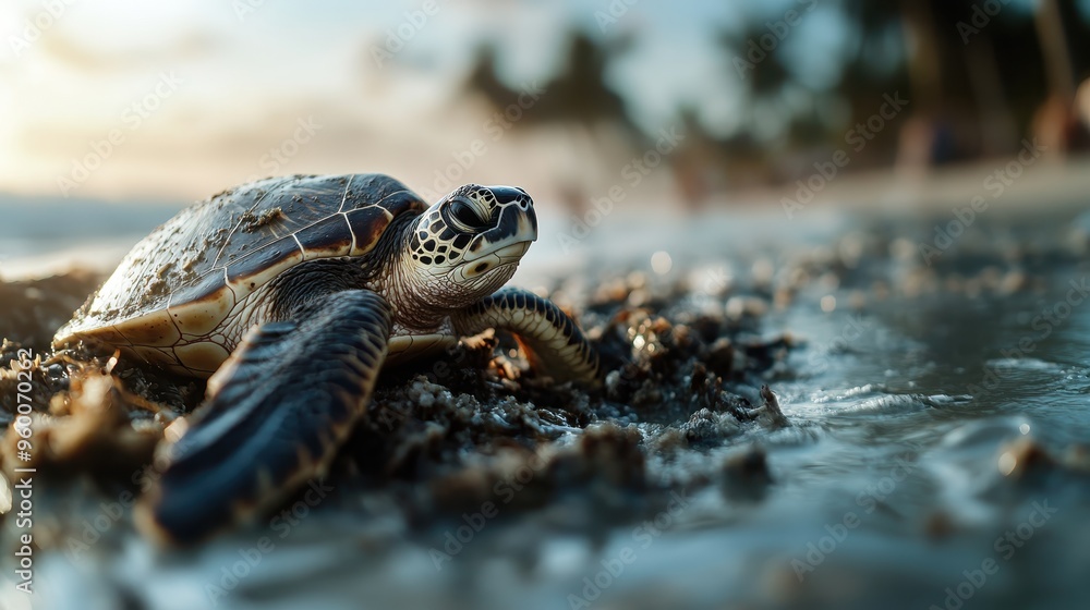 Poster this image captures a sea turtle resting on a sandy beach just as ocean waves gently lap against the