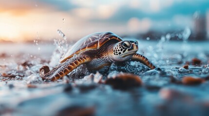 A vibrant image showcasing a sea turtle interacting with shallow ocean waters during a picturesque sunset, highlighting the movement of splashing water.