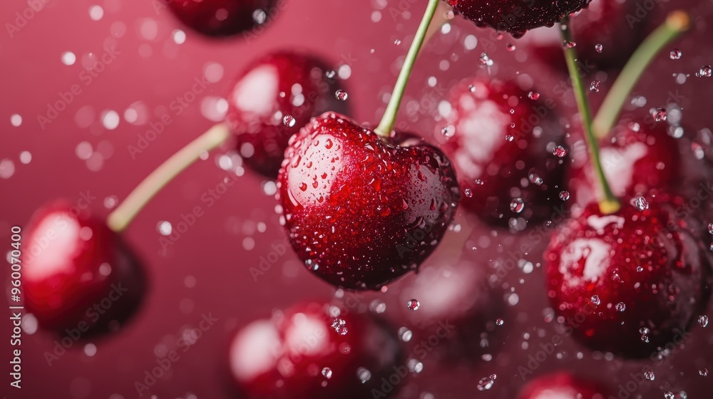 Poster a close-up view of multiple red cherries decorated with water droplets against a matching red backgr