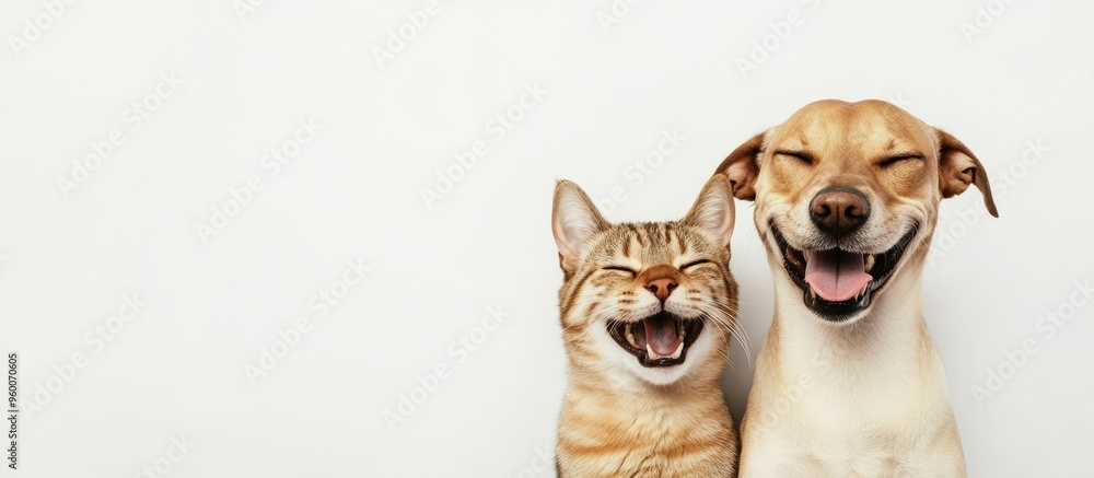 Wall mural Vet banner with pets and copy space for text. Dog and cat smiling with happy expression and closed eyes. Isolated on white background