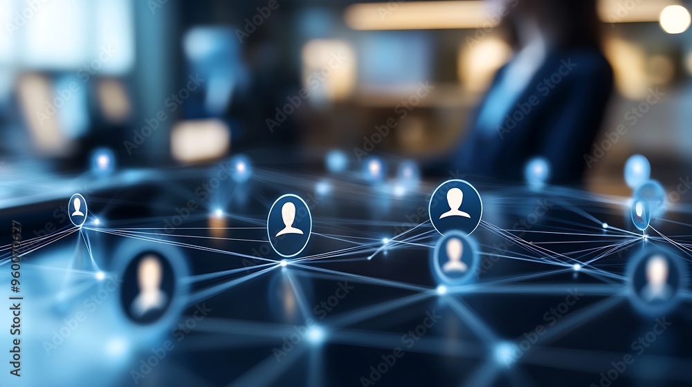 Poster connecting people in a digital network with glowing nodes representing modern communication