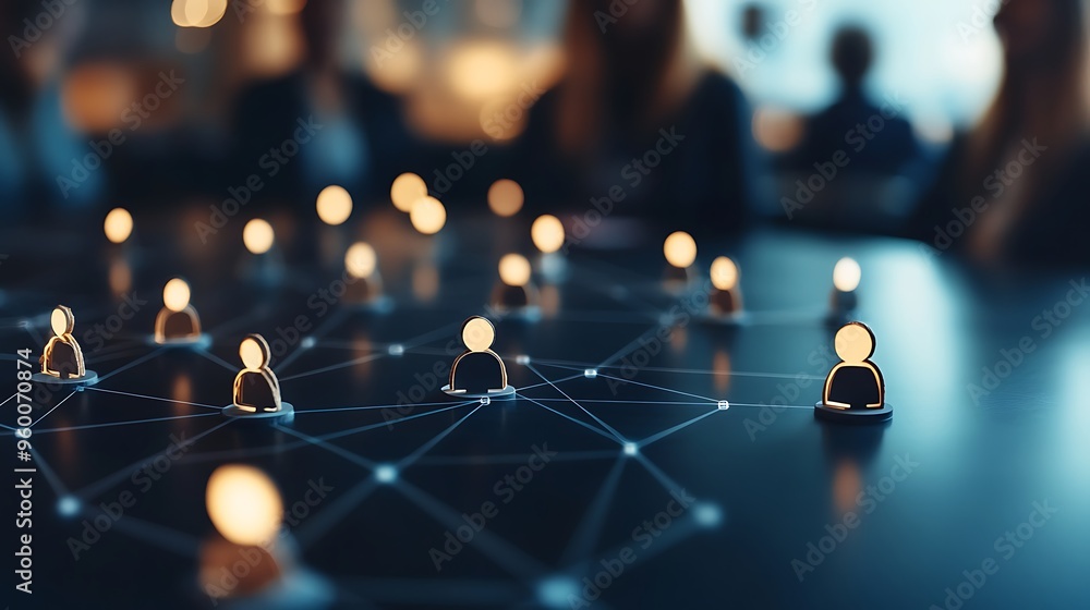 Poster connecting people in a digital network with glowing nodes representing modern communication