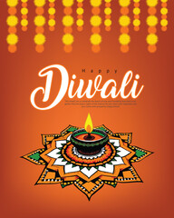 Happy Diwali with diya anf flower social media post banner and template