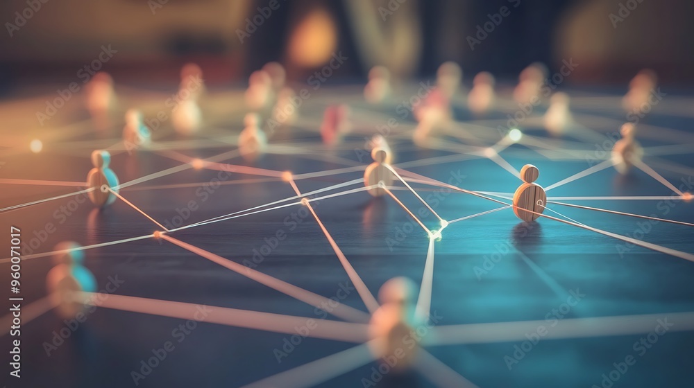Poster connecting people in a digital network with glowing nodes representing modern communication