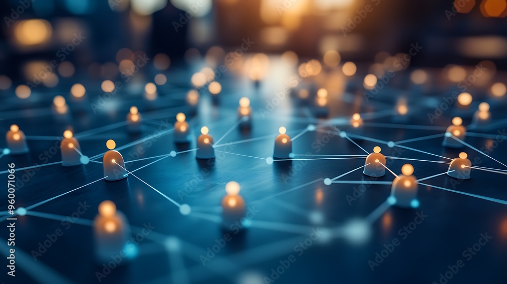 Poster connecting people in a digital network with glowing nodes representing modern communication