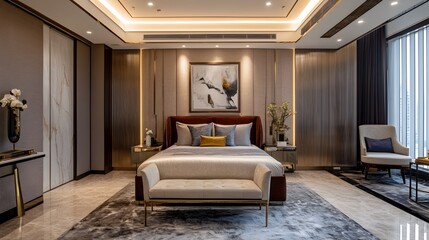 Exquisite Luxury Bedroom Interior with Plush Velvet Headboard Elegant Marble Flooring and Striking Modern Art Accents Creating a Sophisticated and Relaxing Ambiance