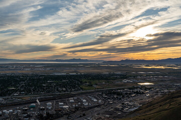 Sunset views of the Salt Lake Valley and Wasatch Range from Ensign Peak, Utah.