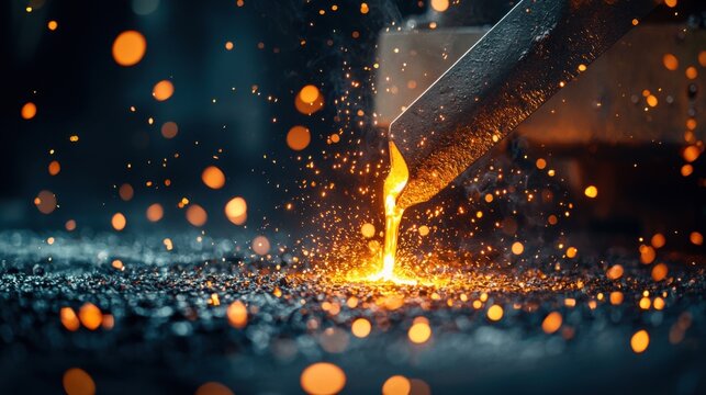 Close-up of molten metal pouring into a sword-shaped mold in a medieval forge, showcasing the intricate details of the mold and the glowing,
