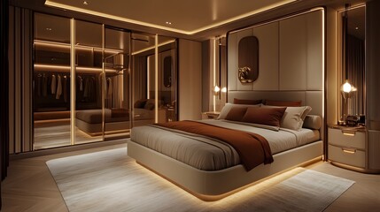 Fototapeta premium Luxurious and Inviting Bedroom Interior Design with King Sized Bed Mirrored Wardrobe and Ambient Lighting for a Serene and Sophisticated Retreat