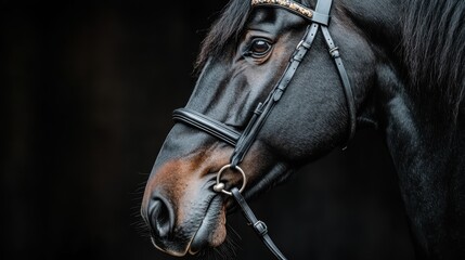 Obraz premium An elegant and detailed shot of a horse’s face, featuring a black bridle with simple decorations, perfectly captured against a dark background, enhancing its beauty.