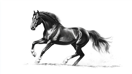 A black-and-white illustration of a dark horse in motion, galloping. The horse looks graceful, powerful, and elegant, with defined muscles and a flowing mane