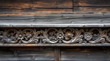 A detailed wooden frieze with intricate floral motifs adorns a rustic wall. The fine craftsmanship showcases traditional decorative art, adding a touch of elegance and charm.