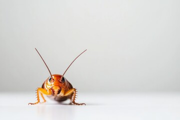 Cockroach on a clean white surface, with copy space