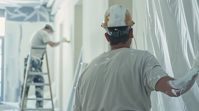 Two painters working on an indoor renovation project, one on a ladder. Ideal for concepts related to home improvement, construction, and professional painting.