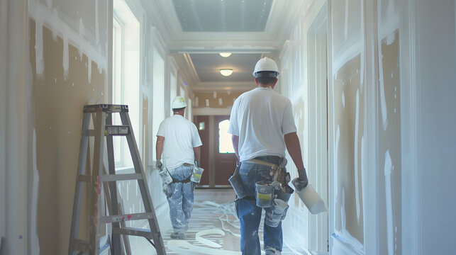 Two painters working on a hallway renovation project, holding paint rollers and wearing protective gear. Ideal for themes related to construction, home improvement, and painting services.