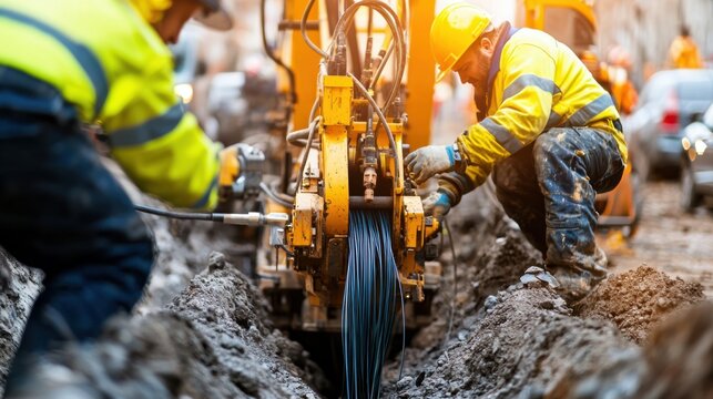 Two men in reflective work uniforms and hard hats using a trenching machine to lay fiber optic cables in a trench, with a focus on the process of cable placement and trench excavation in a busy