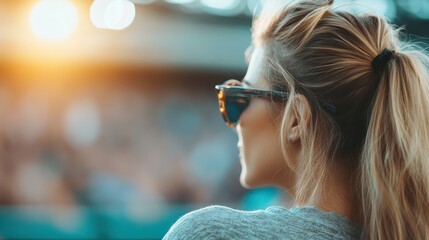 Fototapeta premium A woman with a blonde ponytail wearing sunglasses, seen from the back with a blurred urban sunset background encompassing warm tones and a lively atmosphere.