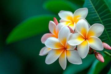 Fototapeta premium bunch of plumeria flowers on green leaves background