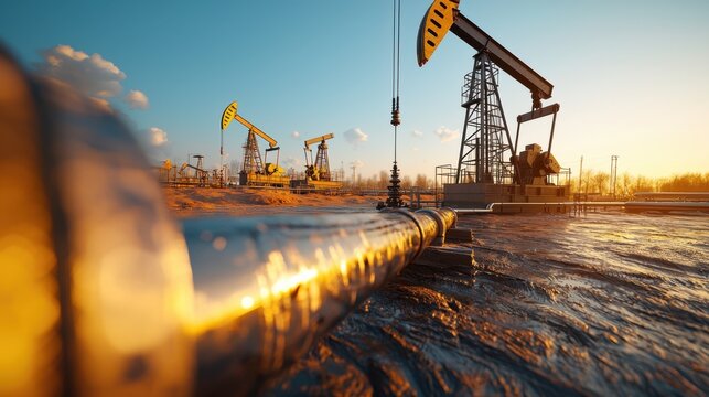 A high-resolution image showcasing a vast oil field with multiple drilling rigs in operation under a clear blue sky. 