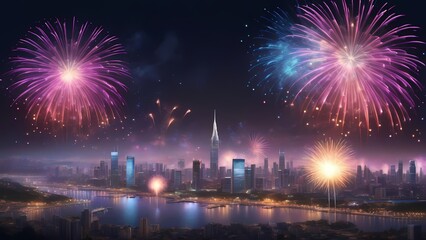 fireworks over the bright city
