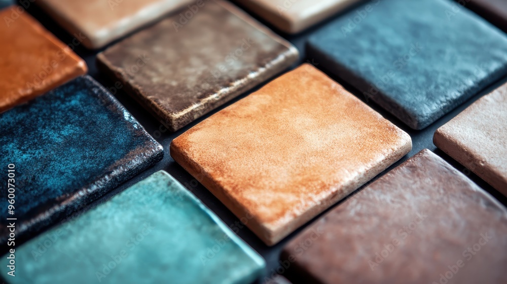 Poster an assortment of artisan ceramic tiles flaunting an array of textures and colors, representing the e
