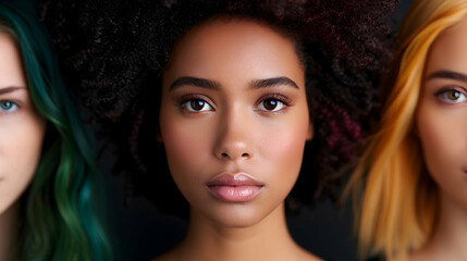 Fototapeta premium Female models of diverse ethnicities in urban settings.
