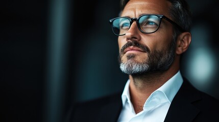Obraz premium Portrait of a mature man in a suit wearing glasses, captured with a thoughtful expression, symbolizing wisdom, experience, and modern professional sophistication.