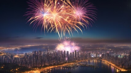 fireworks over the bright city