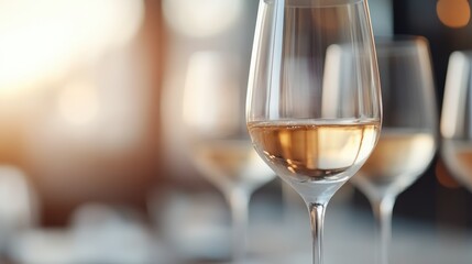 Obraz premium This image focuses on a close-up view of a wine glass, with golden reflections of light creating a sense of luxury and warmth, perfect for a sophisticated setting.