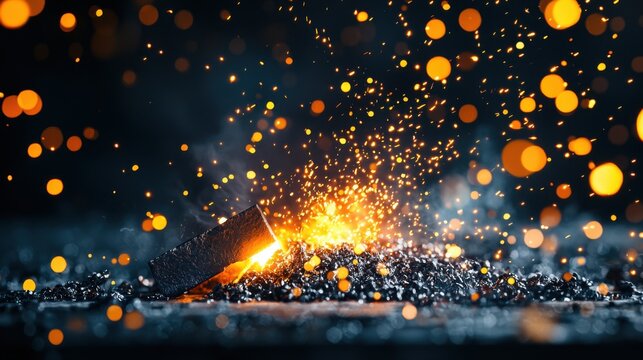Close-up shot of a forge with fiery sparks erupting against a black background, capturing the dramatic contrast of the glowing embers and the medieval ambiance of the scene