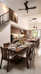 Modern interior design of apartment, kitchen, dining room with table and chairs, empty living room with beige wall, panorama.  