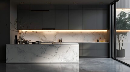 Imagine the sleek design of a kitchen with minimalist cabinetry and a marble backsplash 