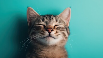 A delightful cat with closed eyes conveys a sense of pure contentment and serenity against a teal background, creating a simplistic yet profound moment of feline blissfulness.