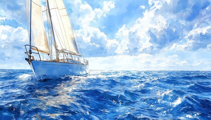 Sailing on the open sea, gentle breeze, vast horizon, watercolor style