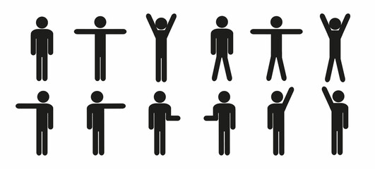 a set of human figures in different poses, hands down, up, аt shoulder level, to the side, pictogram, stick man