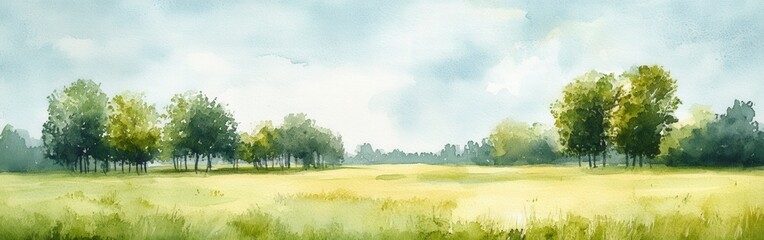 Obraz premium Serene Watercolor Landscape of Green Grasslands and Distant Hills