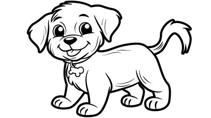 Fototapeta premium A cheerful cartoon-style puppy with a wagging tail and collar, designed for coloring. The simple line art is ideal for children's coloring activities and creative fun.