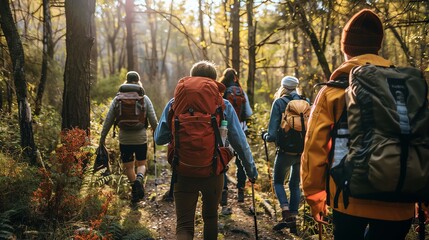 A group of people hike through a forest on a trail.