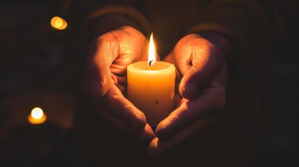 A person's hands cupped around a lit candle.