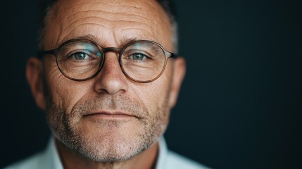 An older man with short hair and a slightly wrinkled face, wearing round brown glasses, seen in a close-up headshot with a plain dark background.