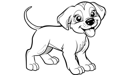 Fototapeta premium Fun black and white cartoon illustration of a happy puppy with its tongue out, ideal for coloring pages, children's art projects, or pet-themed designs.