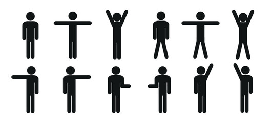 a set of human figures in different poses, hands down, up, аt shoulder level, to the side, pictogram, stick man