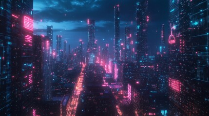 Fototapeta premium Futuristic Cyberpunk Cityscape with Neon Lights