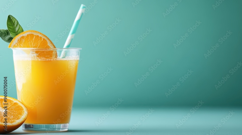 Poster vibrant image of a refreshing orange juice in a clear glass with a slice of orange and a straw, pres