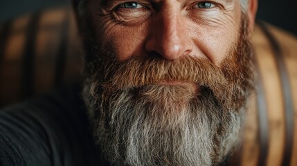 Close-up image of a man with a grey beard in a rustic setting, holding a wooden barrel, suggesting craftsmanship and a traditional lifestyle.